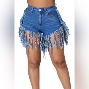 Sexy Beautiful Women's Clubwear Denim Bike Distressed Crystal Fringe Shorts S